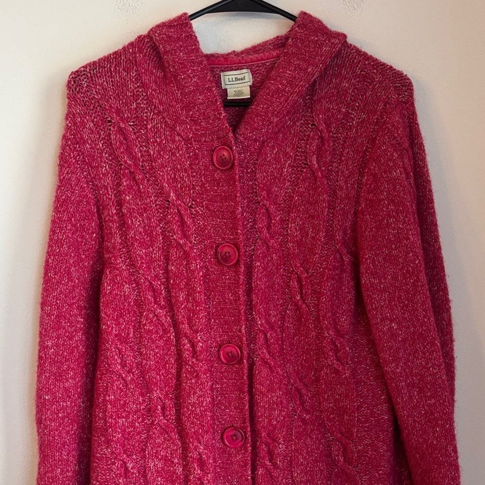 L.L. Bean women chunky cable knit hooded fisherman red long Cardigan sweater XL - Picture 1 of 9